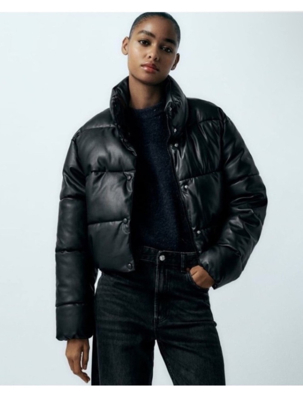 Womens Zara black faux leather cropped puffer coat size small